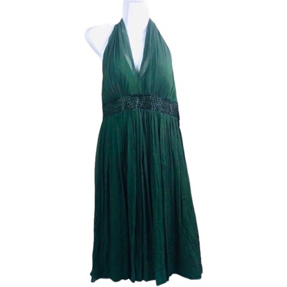 Maggy London Green Crepey Halter Beaded Gown Dress - Picture 1 of 13